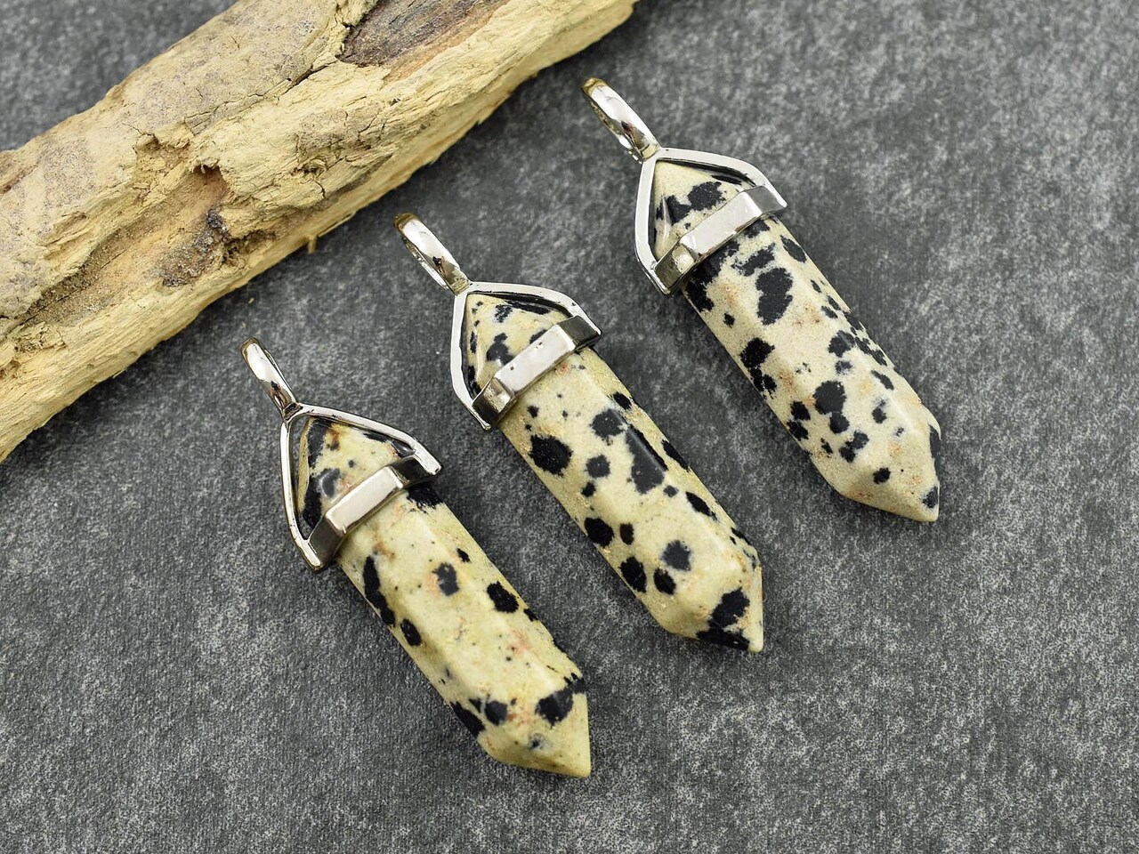 40mm Platinum Tone Natural Dalmation Jasper Double Terminated Bullet Pendant